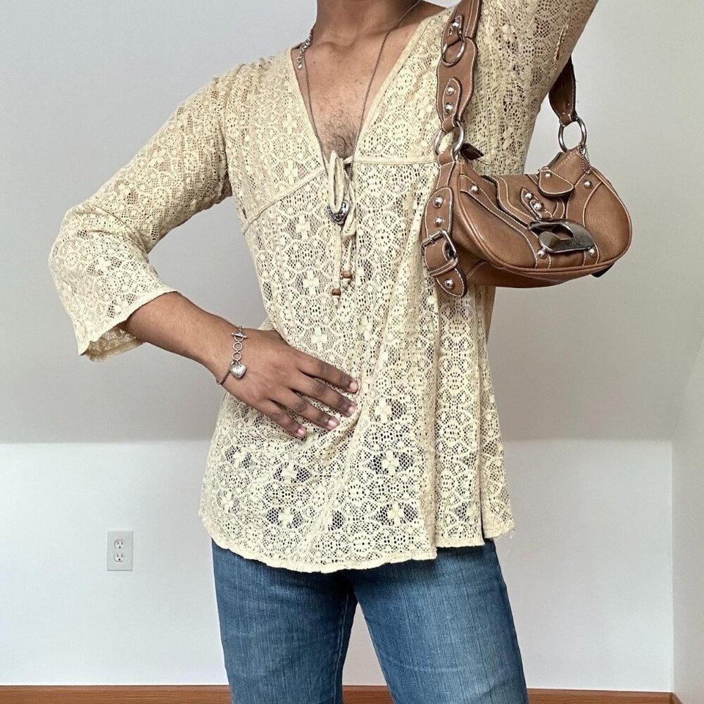 St. Johns Bay Boho Western Chic 3/4 Sleeve Beige Cream Blouse Size Large